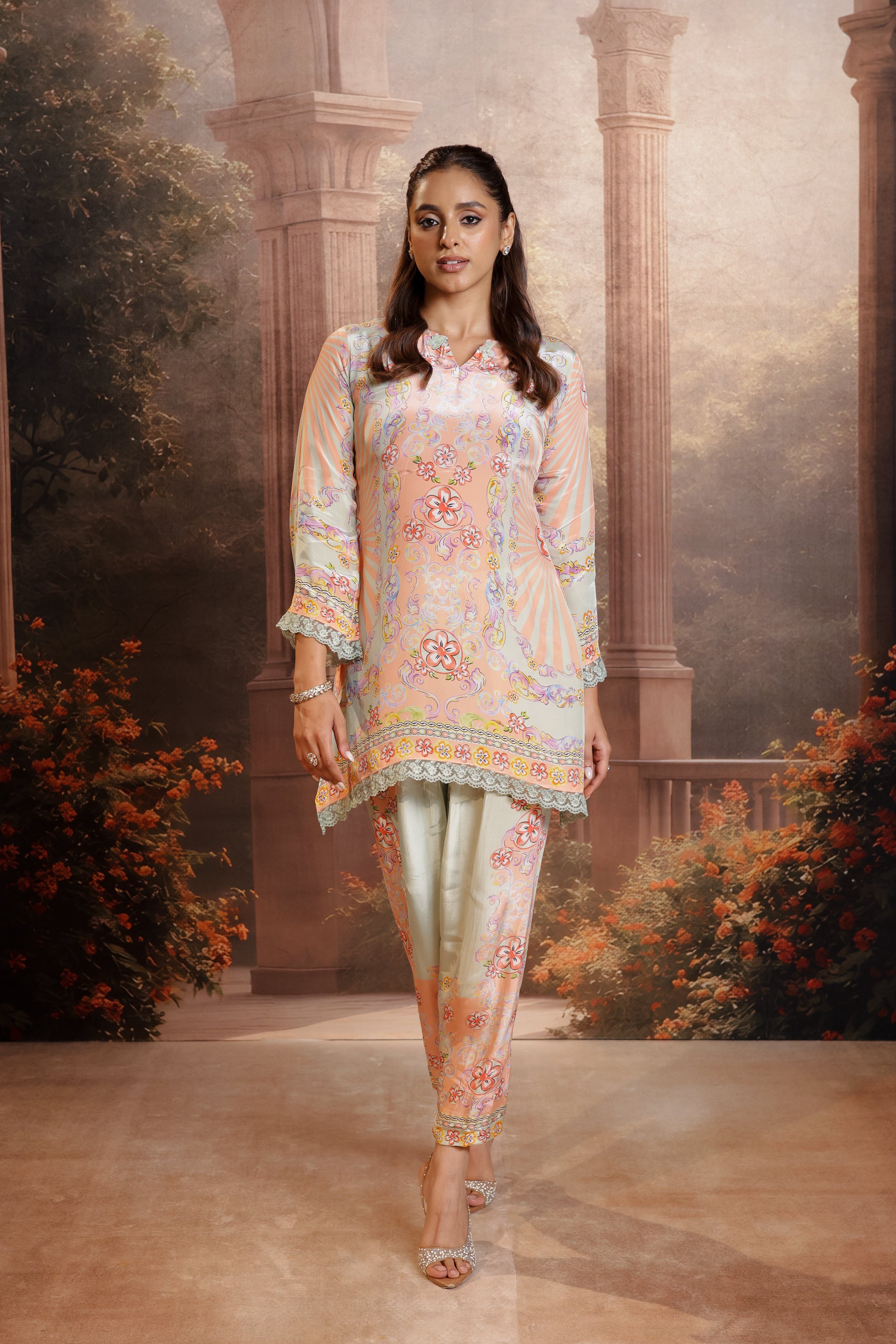 Peach Printed Crepe-Co-ord Set