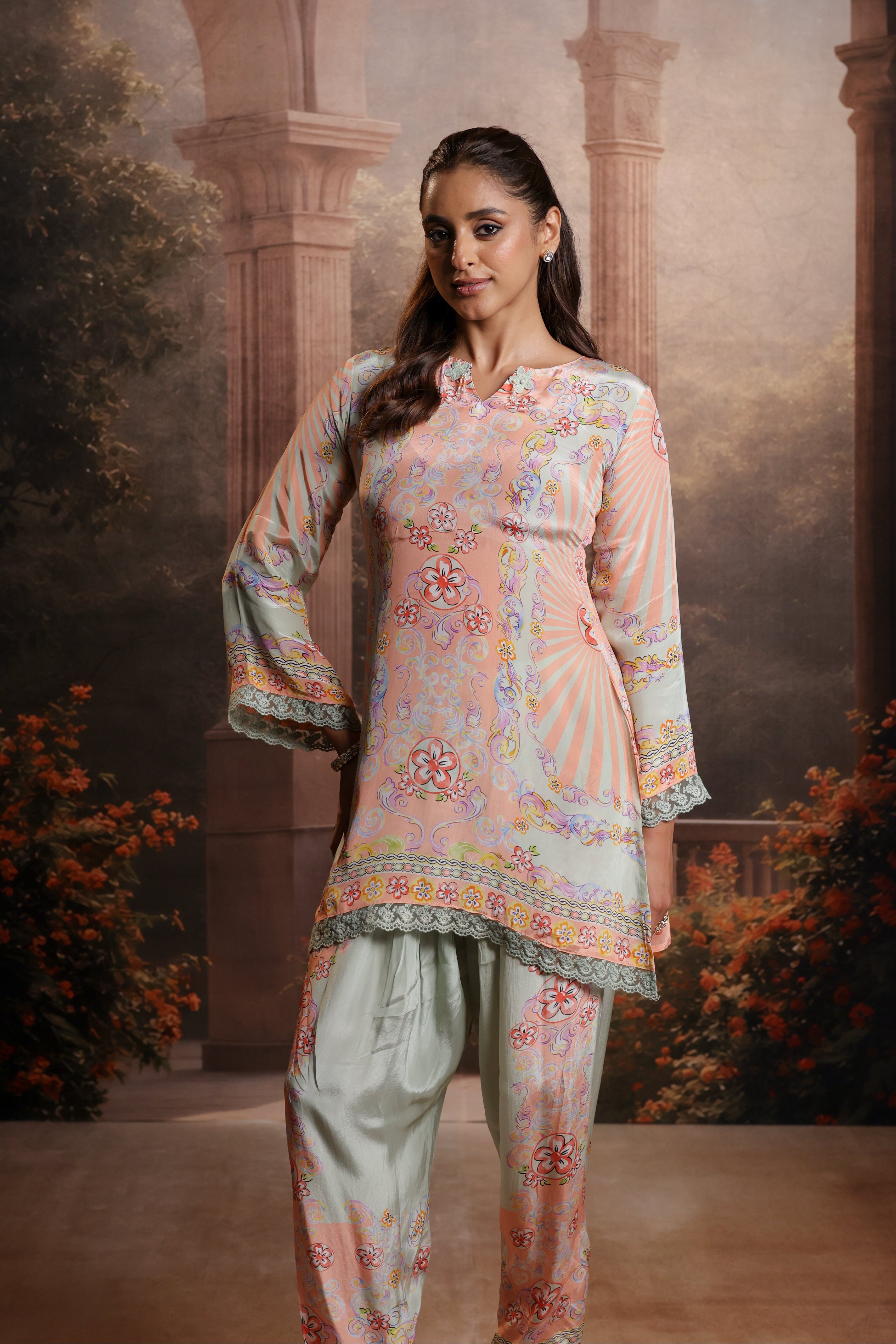 Peach Printed Crepe-Co-ord Set