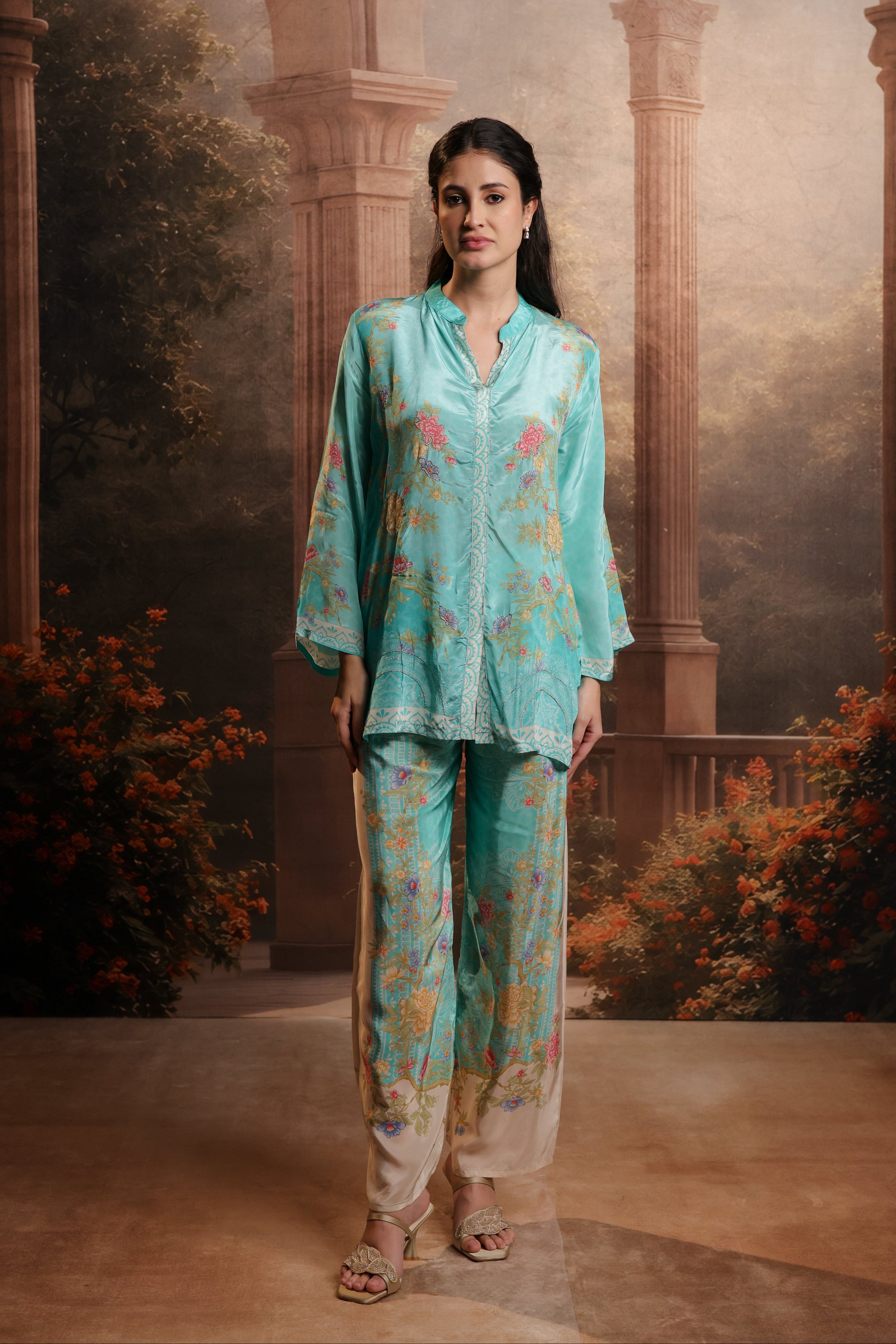 Aqua Bloom Crepe-Co-ord Set
